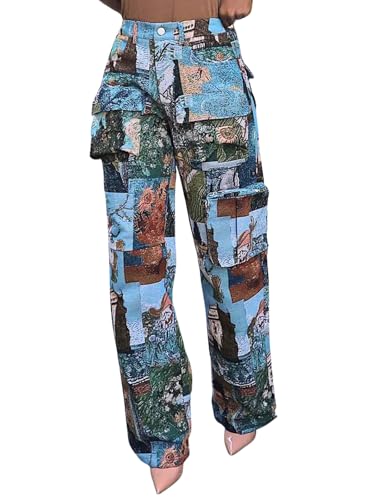 BYNNIC Patchwork Cargo Pants Women High Waisted Jacquard Baggy